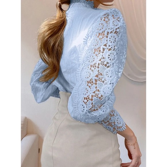 Blouse Lace Puff Sleeve Lantern Sleeve Solid Pleated  Sky Blue / XXL(14) - Picture 3 of 5